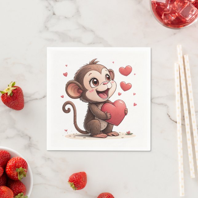 Paper Napkins Valentine's Day Monkey Red Hearts (Insitu)