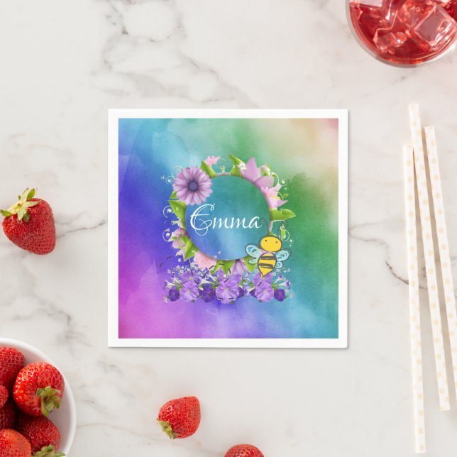 Paper Napkins, Watercolors Floral Bumblebee Napkins (Insitu)