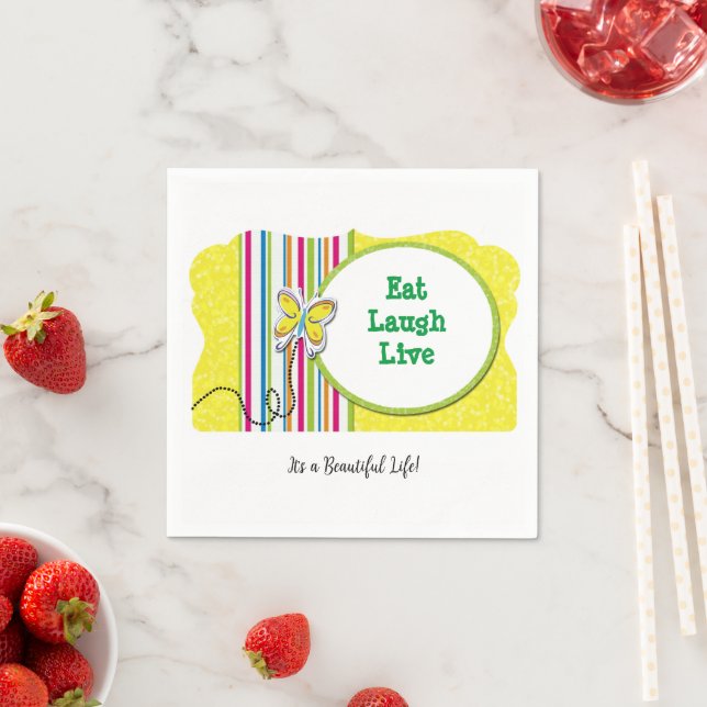 Paper Napkins, Yellow Eat, Laugh and Live, Life Napkins (Insitu)