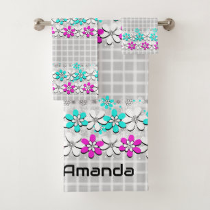 Paper neon flowers on a gray-white checkered bath towel set