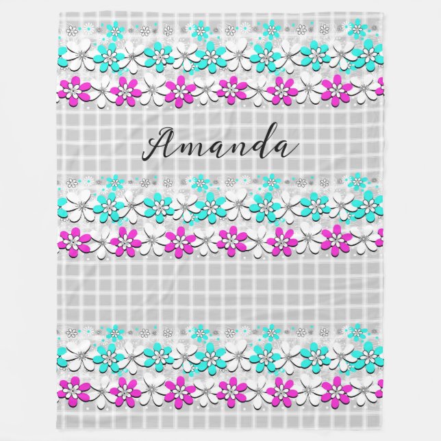 Paper neon flowers on a gray-white checkered  fleece blanket (Front)