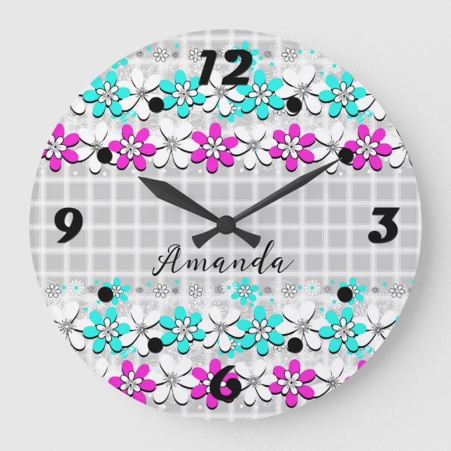 Paper neon flowers on a gray-white checkered  large clock (Front)