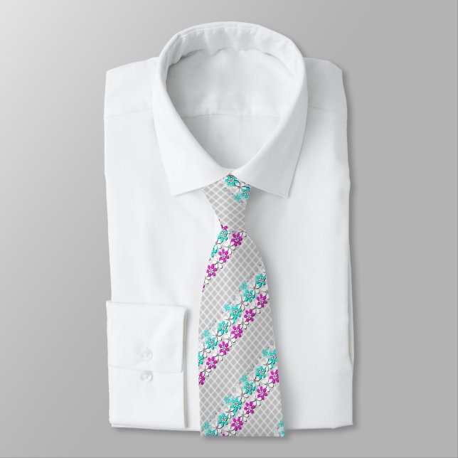 Paper neon flowers on a gray-white checkered neck tie (Tied)