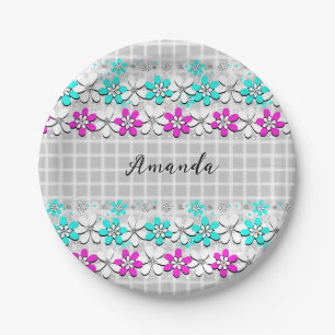Paper neon flowers on a gray-white checkered plates