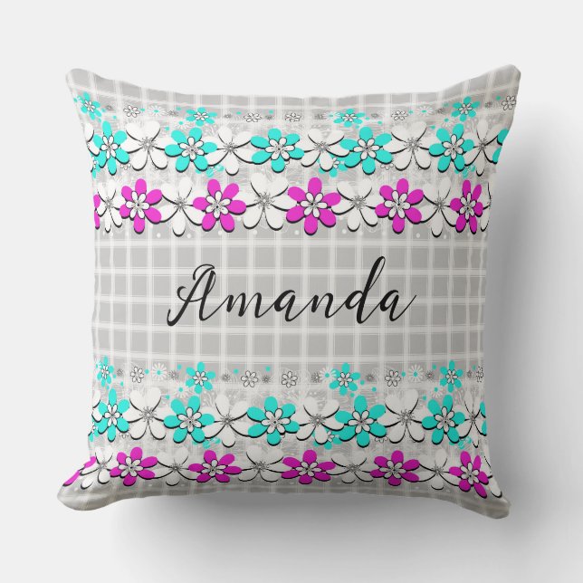 Paper neon flowers on a gray-white checkered throw pillow (Front)