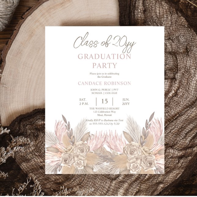 PAPER Pampas | Roses Neutral Grad Party Invitation (PAPER Pampas Grass and Roses Mocha and Neutral-Toned Graduation Party Invitation)
