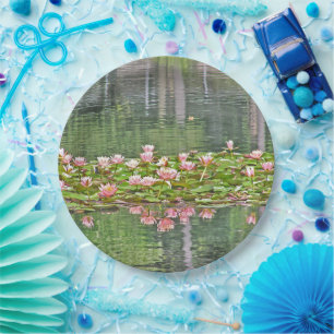 PAPER PARTY PLATES/FLORAL/PINK WATER LILIES/REFLEC PLATES