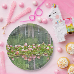 PAPER PARTY PLATES/FLORAL/PINK WATER LILIES/REFLEC PLATES