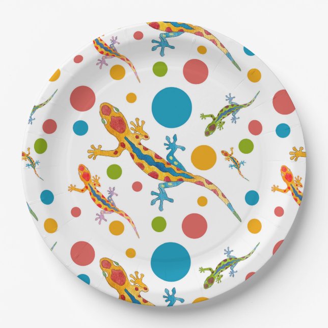 Paper party plates with colourful gecko design (Front)