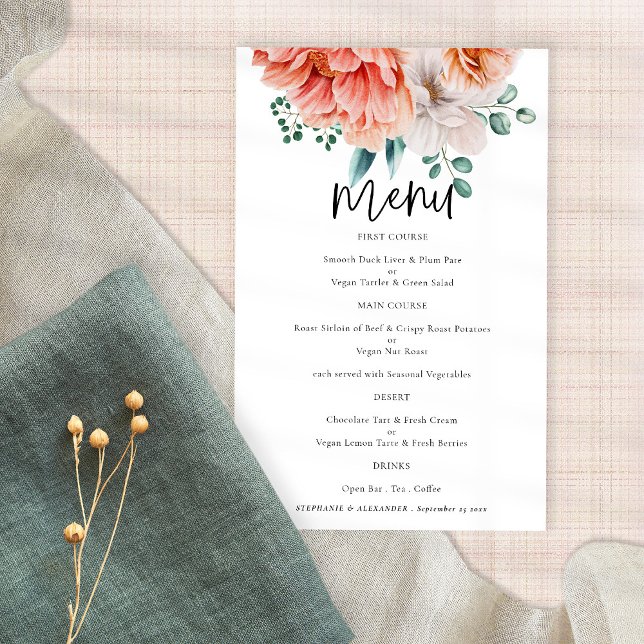 PAPER Peach Peonies Elegant Script Wedding Menu (Creator Uploaded)