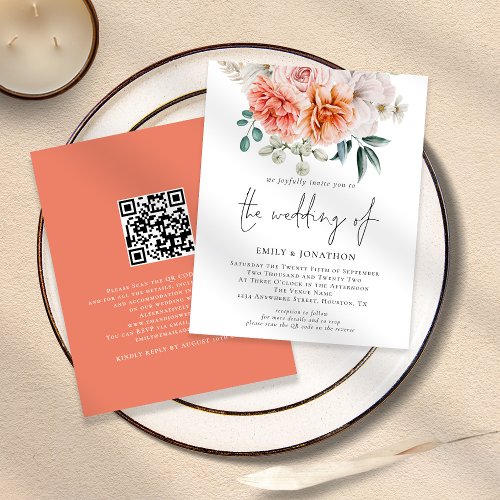 PAPER Peach Peonies Floral QR Code Wedding Invite