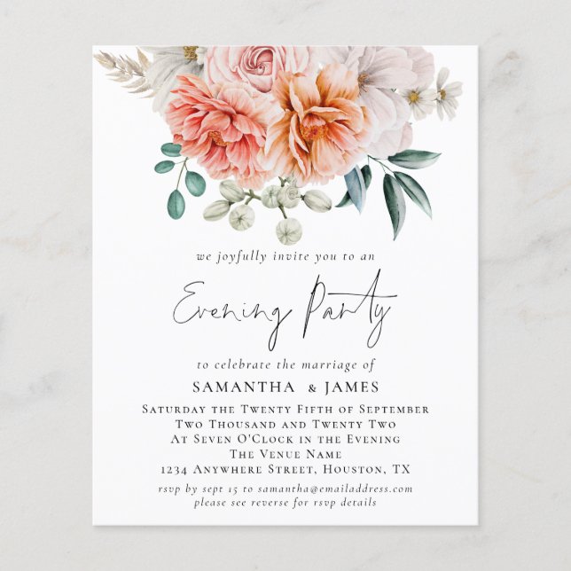 PAPER Peonies Coral QR Wedding Evening Party  (Front)