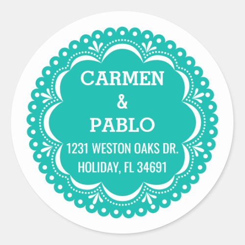 Paper Picado Colorful Mexican Wedding Address Classic Round Sticker