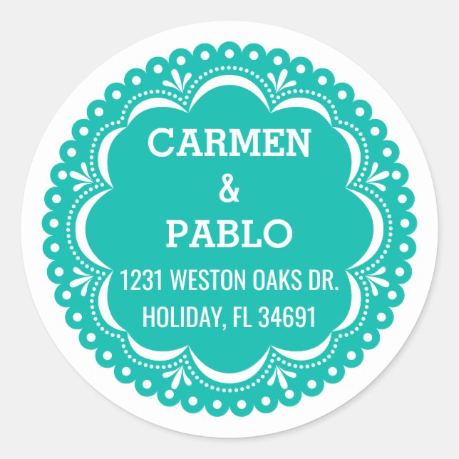Paper Picado Colorful Mexican Wedding Address Classic Round Sticker (Front)