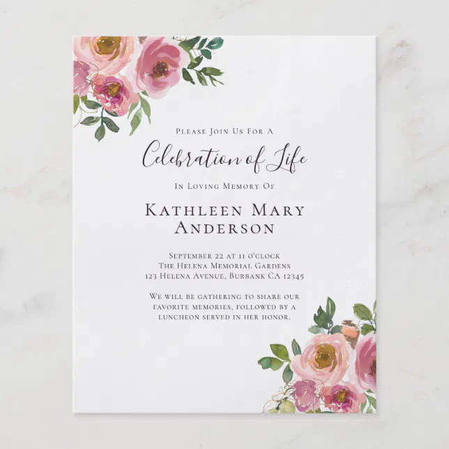 PAPER Pink Floral Celebration of Life Invitation | Zazzle