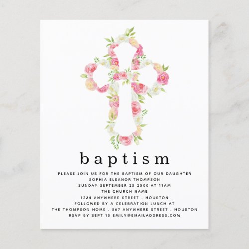 PAPER  Pink Florals Cross Baptism Invitation