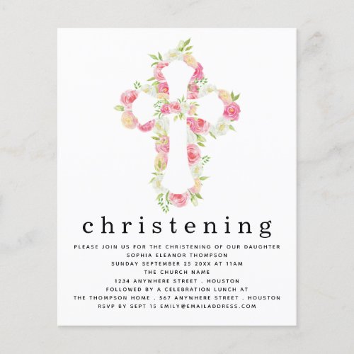 PAPER Pink Florals Cross Christening Invitation