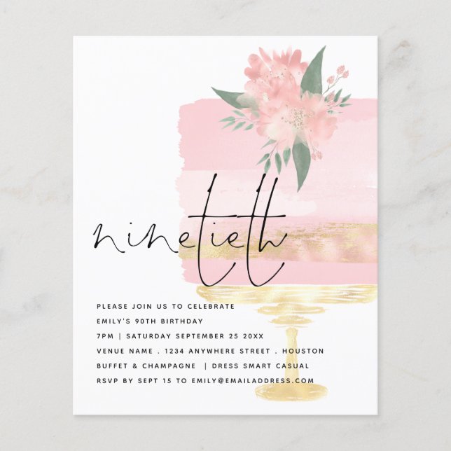 PAPER Pink Gold Birthday Cake 90th Party Invite (Front)