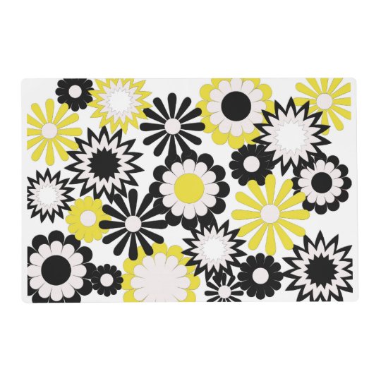 Paper placemat, floral, yellow, black, and white. placemat