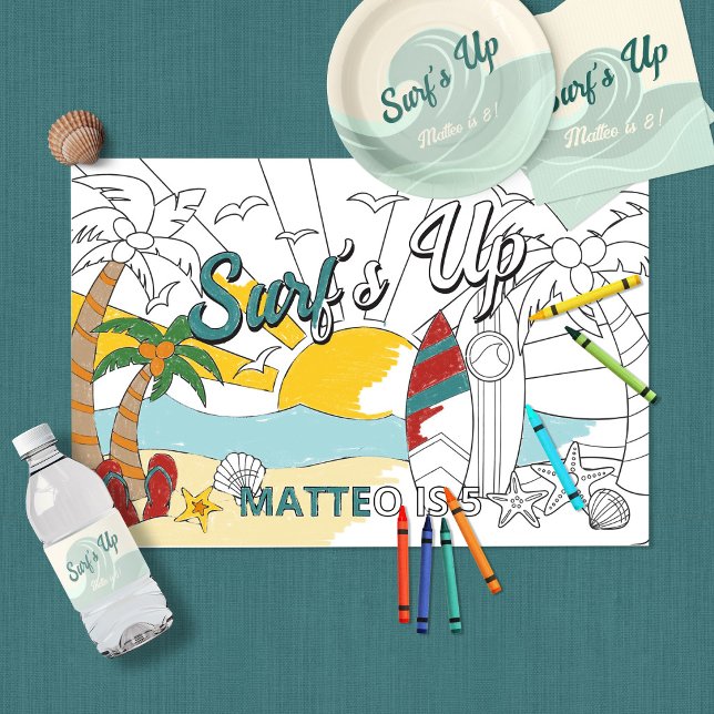 Paper Placemats Kids Coloring Page for Surf Party (Surf's Up Placemat Coloring Page)