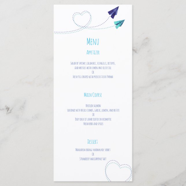 Paper plane watercolor dinner menu (Front)