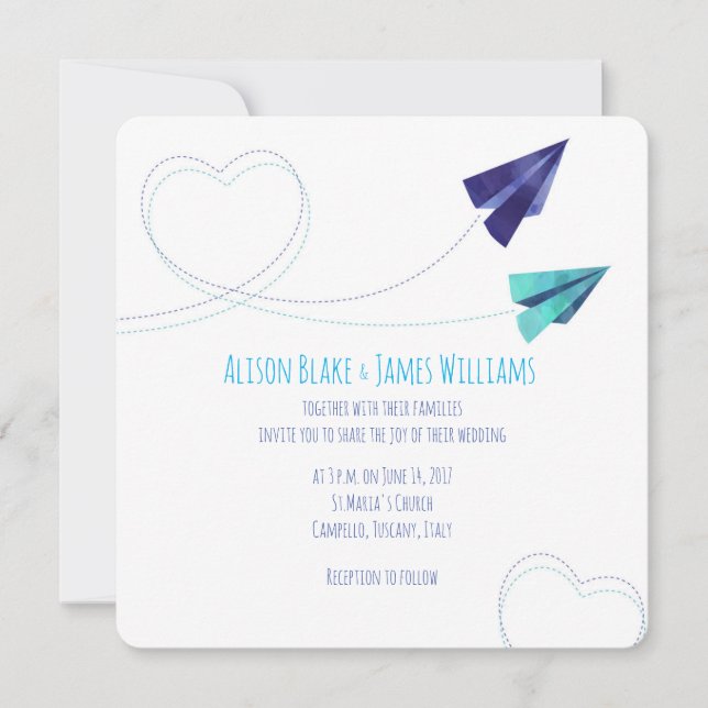 Paper plane watercolor wedding invitation (Front)
