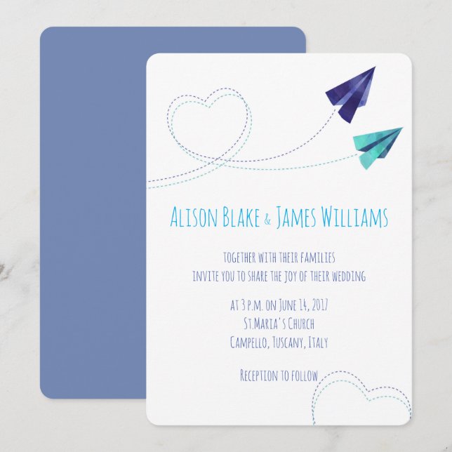 Paper plane watercolor wedding invitation (Front/Back)