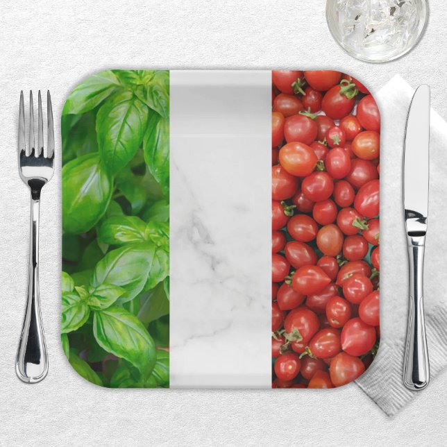 Paper Plate (Basil, White Marble, Tomato Italian Flag Paper Plate - Festive Flag of Italy table decor)