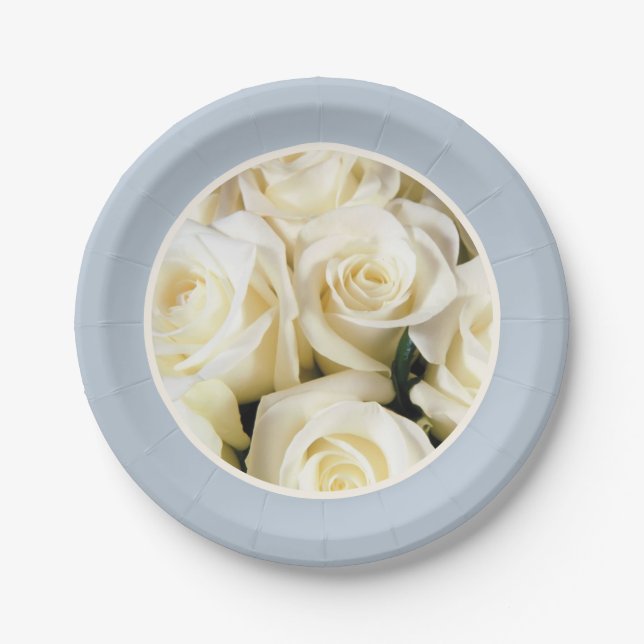 Paper Plate-Blue  Fog CoIored with Ivory Roses Paper Plates (Front)