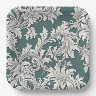 Paper Plate Damask Design Aqau Black & White 