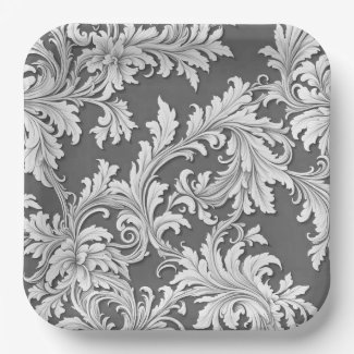 Paper Plate Damask Design Gray Black & White