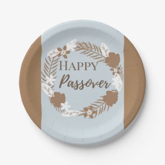 Paper Plates | Happy Passover | Blue Brown Wreath Floral Design | 10 Party Supplies | Jewish Gifts Paper Plate Happy Passover Blue Brown Wreath Flora