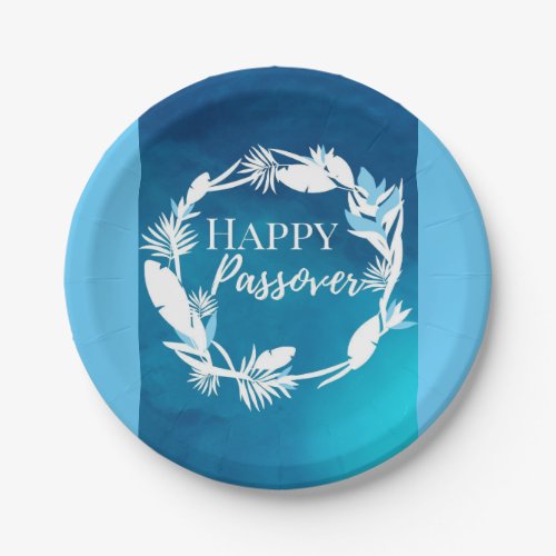 Paper Plate Happy Passover Blue Brown Wreath Flora