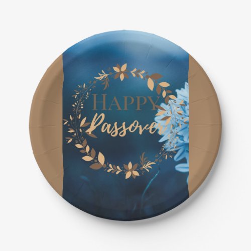 Paper Plate Happy Passover Blue Brown Wreath Flora