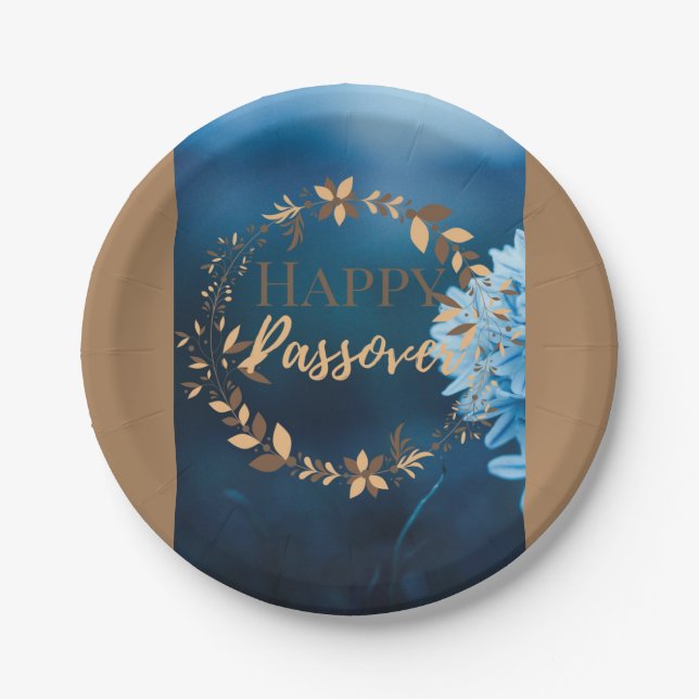 Paper Plate Happy Passover Blue Brown Wreath Flora (Front)
