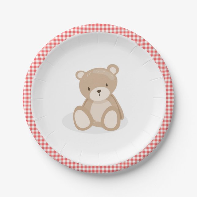 Paper Plate Picnic Teddy Bear Red Gingham Birthday (Front)