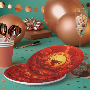 paper plate red color with dragons design