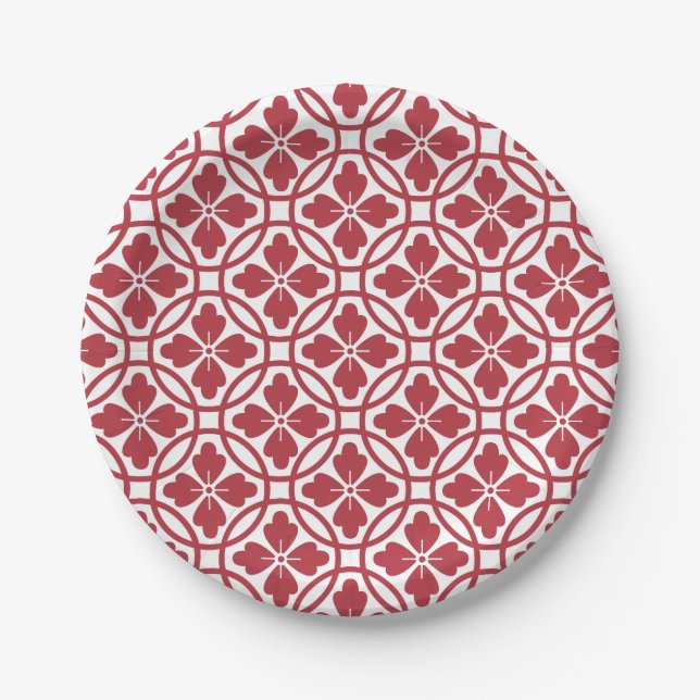 Paper plate red & white geometric pattern (Front)