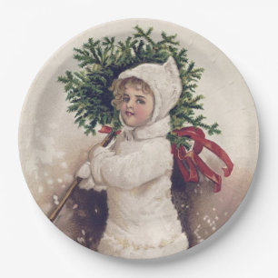 PAPER PLATE : VINTAGE : GIRL + CHRISTMAS TREE