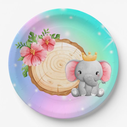 Paper plate with a baby elephant wearing a crown