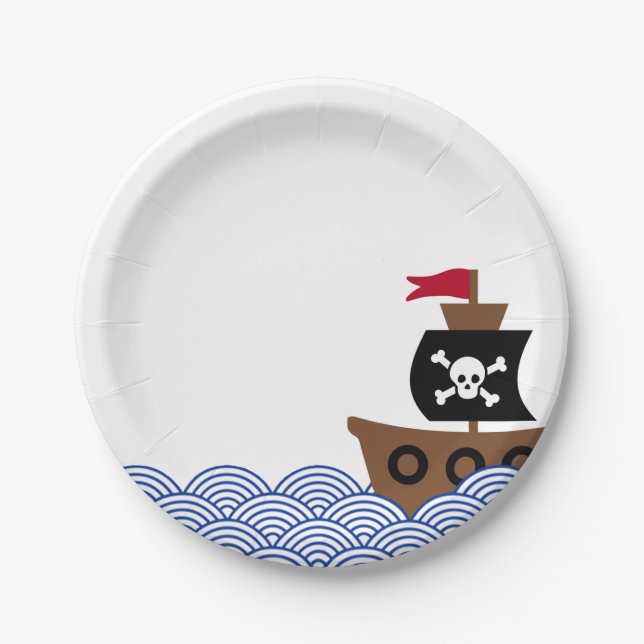 Paper plate with pirate ship & blue & white circle (Front)