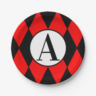 Paper Plates 7" RED & BLACK HARLEQUIN & INITIAL