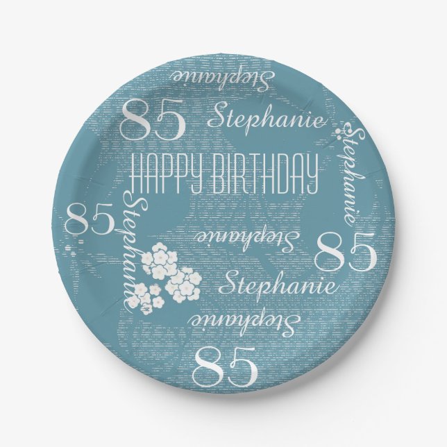 Paper Plates, 85th Birthday Party Blue Floral Paper Plates (Front)
