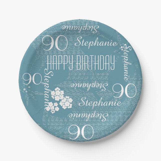 Paper Plates, 90th Birthday Party Blue Floral Paper Plates (Front)