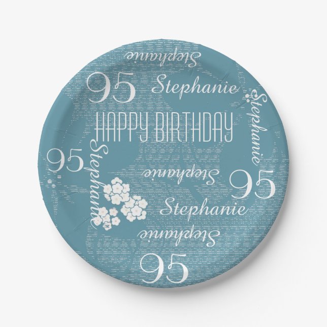 Paper Plates, 95th Birthday Party Blue Floral Paper Plates (Front)