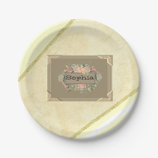 Paper Plates, Beige Gold Stripe Floral Monogram Plates (Front)