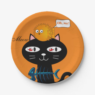 Paper Plates, Black Cat Fish Bones Orange Meow Plates