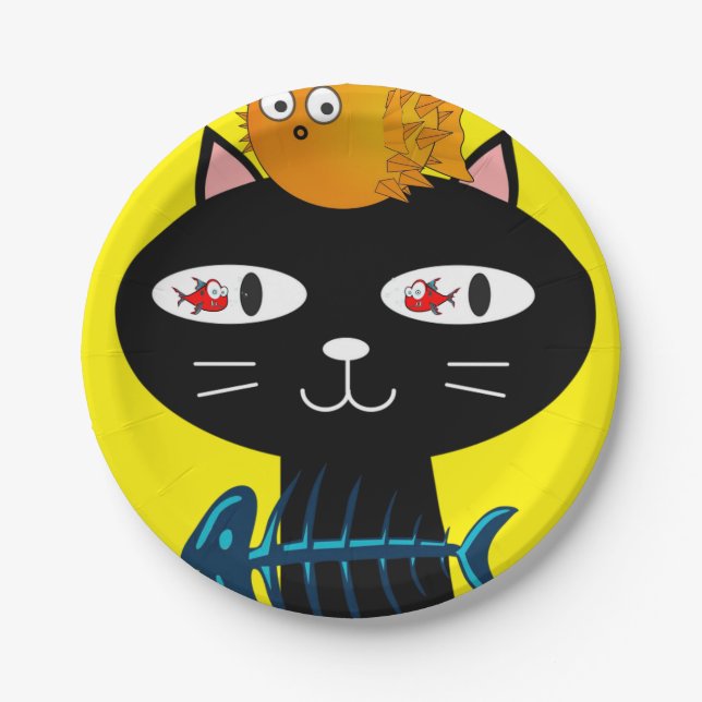Paper Plates, Black Cat Kitten Fish Bones Yellow Plates (Front)