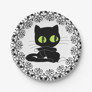 Paper Plates, Black Floral Black Cat Plates
