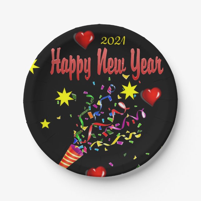 Paper Plates, Black Happy New Year 2021 Paper Plates (Front)